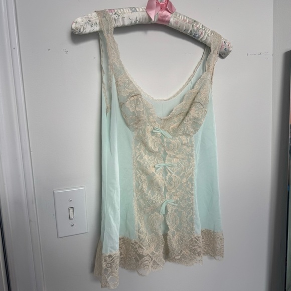 Vintage baby blue and cream Lace Trim cami sheer fairy core coquette lace up 34 - Picture 2 of 10